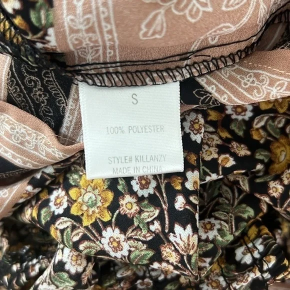 Francesca's Brielle Brown Gold Floral Smocked Ruffle Sleeves Jumpsuit Sz Small - Picture 9 of 9